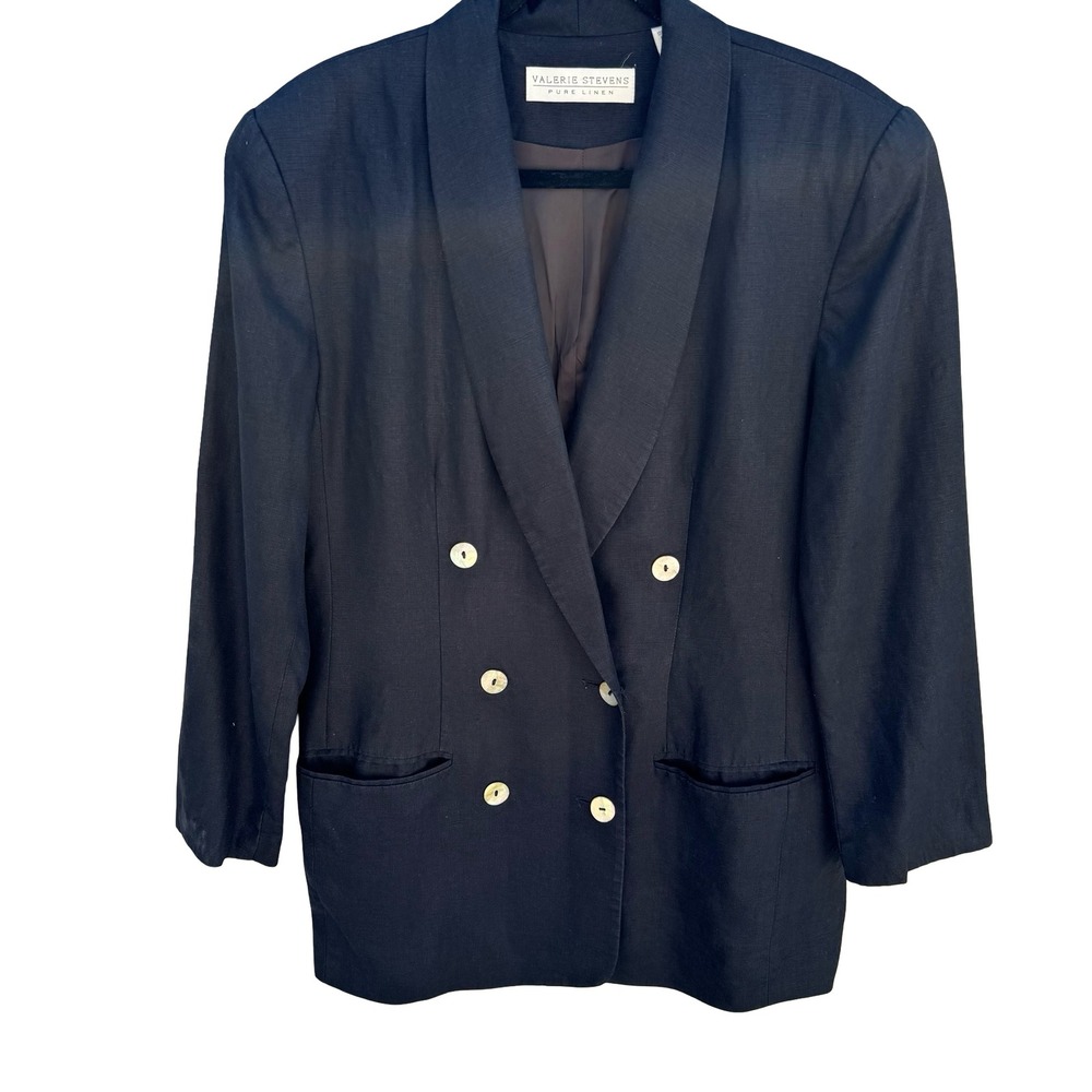 Valerie Stevens Vintage Coastal Nautical Linen Double Breasted Blazer Navy 10